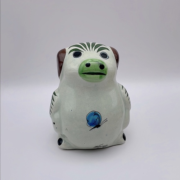 Tonala Mexican Pottery, Folk Art, 5” PIG Figurine, Handmade, Florals/Butterflies - Picture 1 of 11